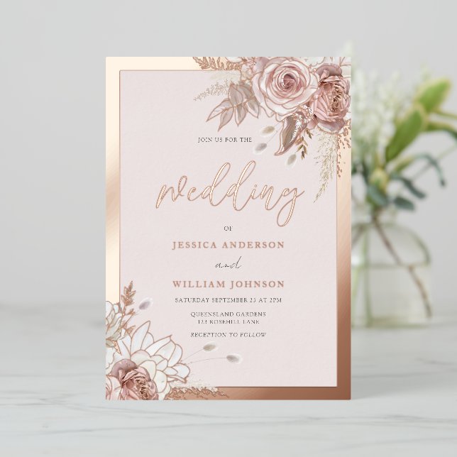 Rose Gold Foil Blush Blues mit Grenz-Hochzeit Folieneinladung (Stehend vorne)