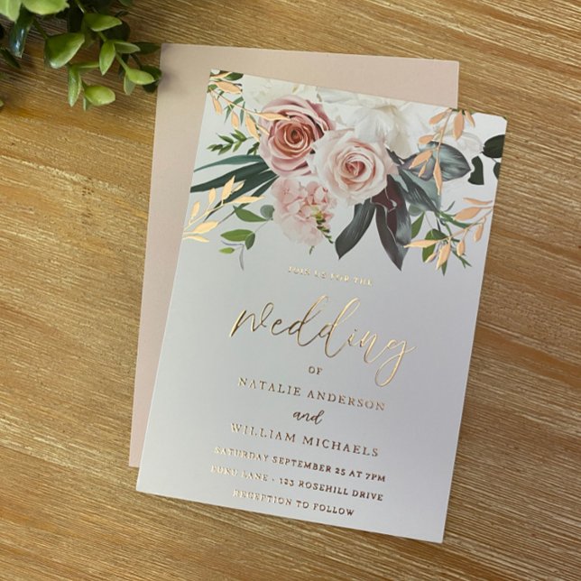 Rose Gold Foil & Blush Blume Hochzeit Folieneinladung (Von Creator hochgeladen)