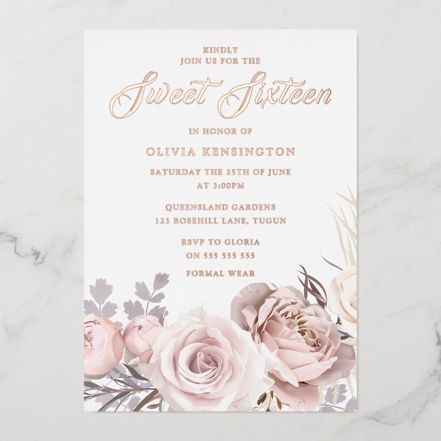 Rose Gold Foil Blush Blume Sweet 16 Party Folieneinladung (Vorderseite)