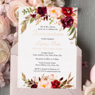 Rose Gold FOIL Blush Burgundy Bloral Quinceanera Folieneinladung