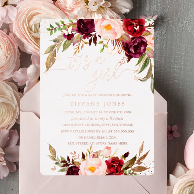 ROSE GOLD FOIL Blush Burgundy Floral Baby Dusche Folieneinladung (Von Creator hochgeladen)
