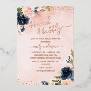 ROSE GOLD FOIL Blush Navy Blumenbrunch und Bubbly Folieneinladung