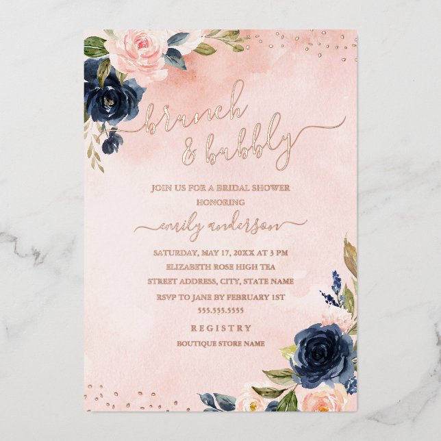 ROSE GOLD FOIL Blush Navy Blumenbrunch und Bubbly Folieneinladung (Vorderseite)