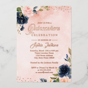 ROSE GOLD FOIL Blush Navy Floral Tiara Quinceanera Folieneinladung