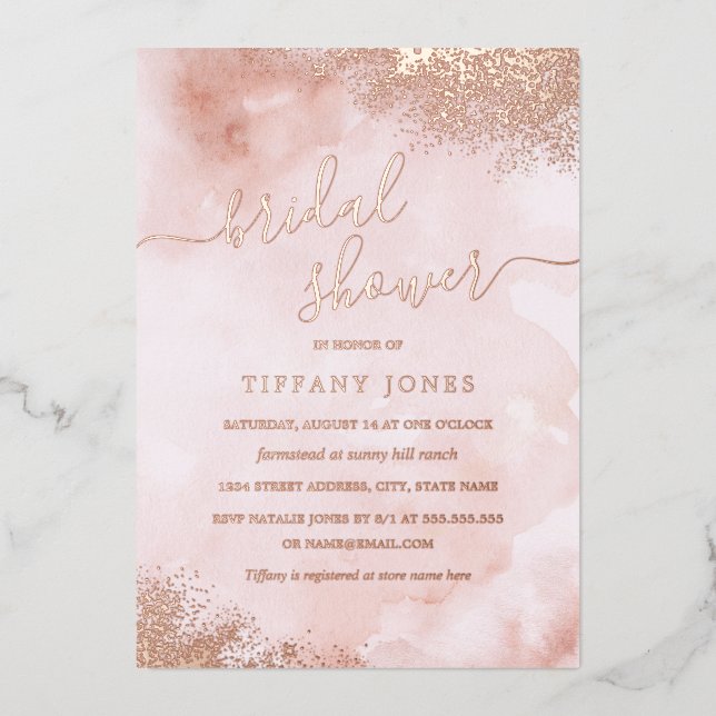 ROSE GOLD FOIL Blush Pink Peach Brautparty Folieneinladung (Vorderseite)