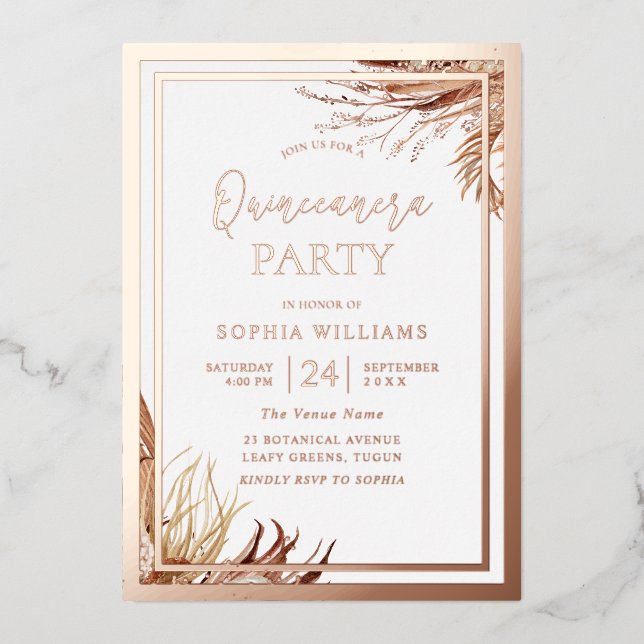 Rose Gold Foil Bohemisch Boho Quinceanera Party Folieneinladung (Vorderseite)
