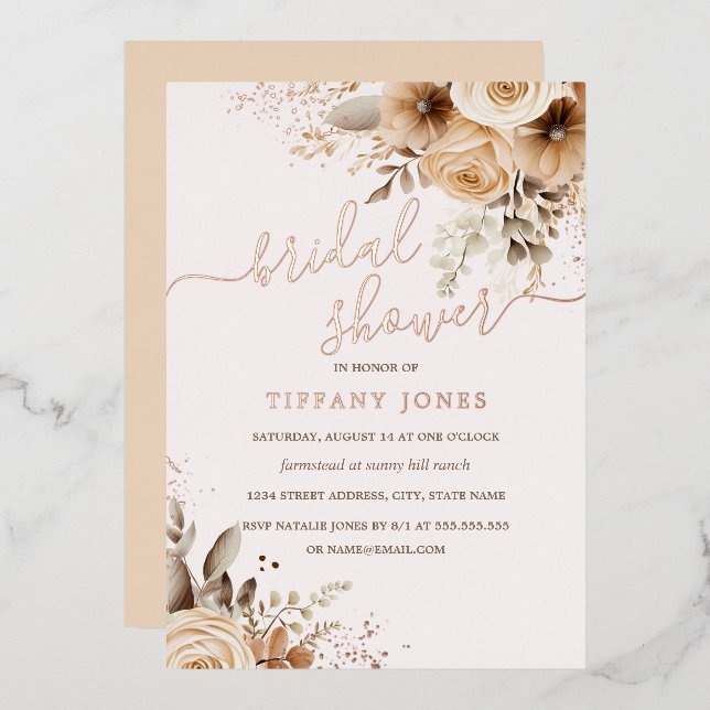 ROSE GOLD FOIL Boho Floral Brautparty Folieneinladung (Vorderseite/Rückseite)