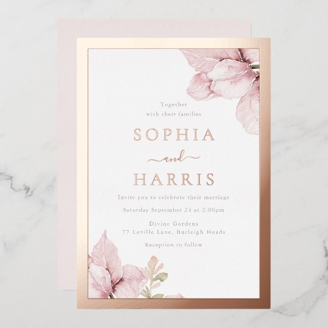 Rose Gold Foil Border Blush Bloral Wedding Folieneinladung (Vorderseite/Rückseite)