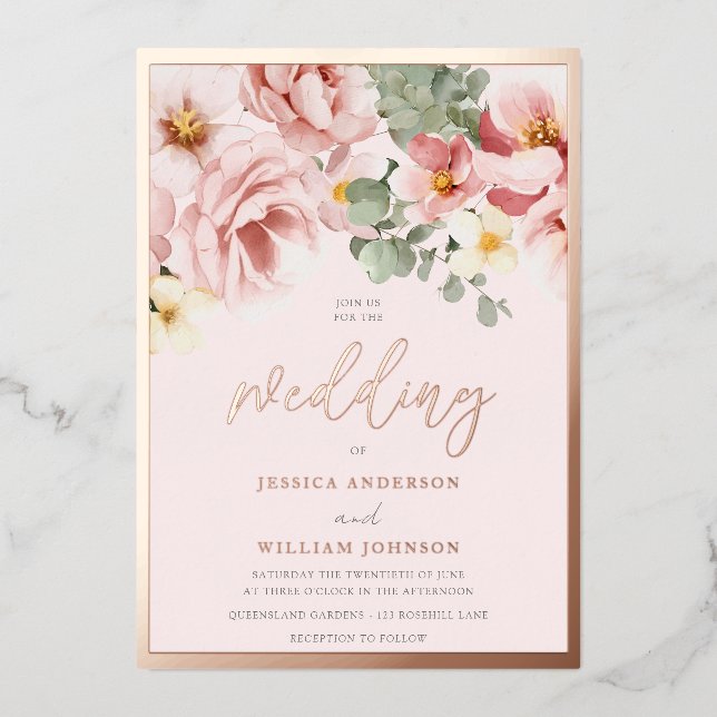 Rose Gold Foil Border Dusty Rose Blumenzehen Folieneinladung (Vorderseite)