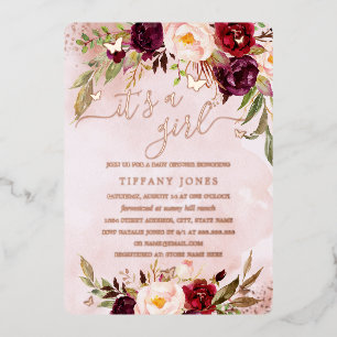 ROSE GOLD FOIL Burgundy Blush Floral Baby Dusche Folieneinladung