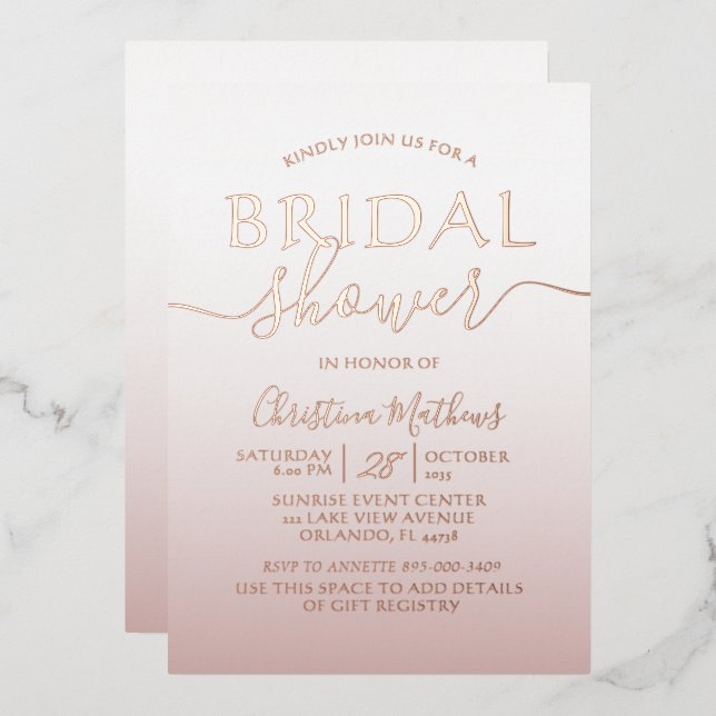 Rose Gold Foil Calligrafy Brautparty Folieneinladung (Vorderseite/Rückseite)