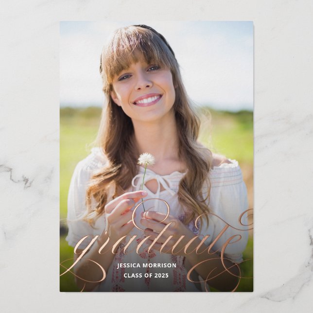 Rose Gold Foil Calligraphy Foto Graduation Party Folieneinladung (Vorderseite)