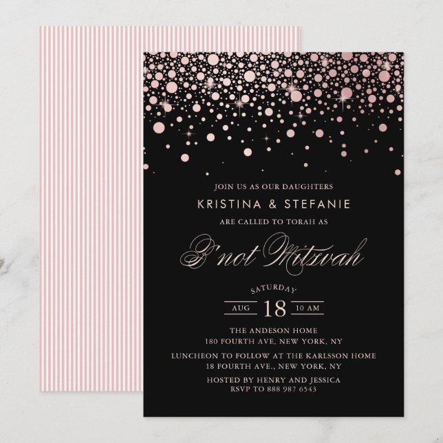 Rose Gold Foil Confetti Dots Black B'not Mitzvah Einladung (Vorne/Hinten)