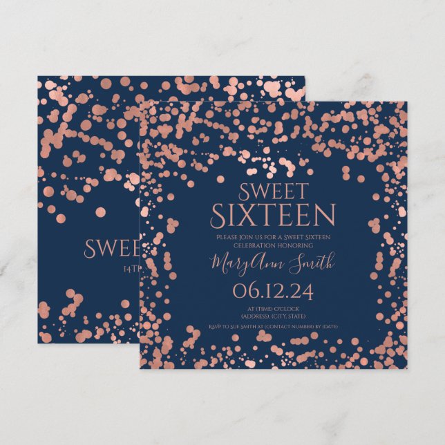 Rose Gold Foil Confetti Sweet 16. Invite Navy  Dankeskarte (Vorne/Hinten)