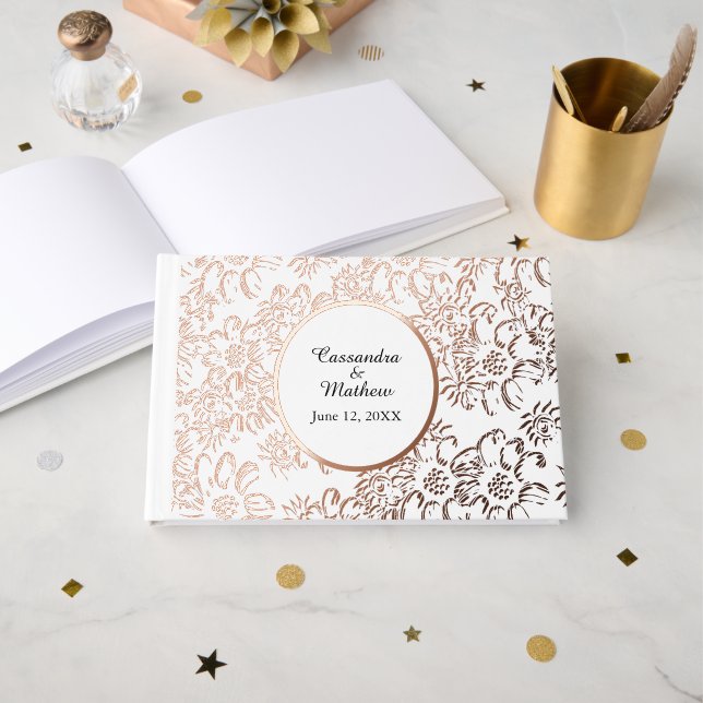 Rose Gold Foil Daisies Blumenweiße Hochzeit Gästebuch (Vorderseite Offen)