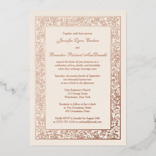 Rose Gold Foil Floral Filigree Mariage Invitation (Recto)