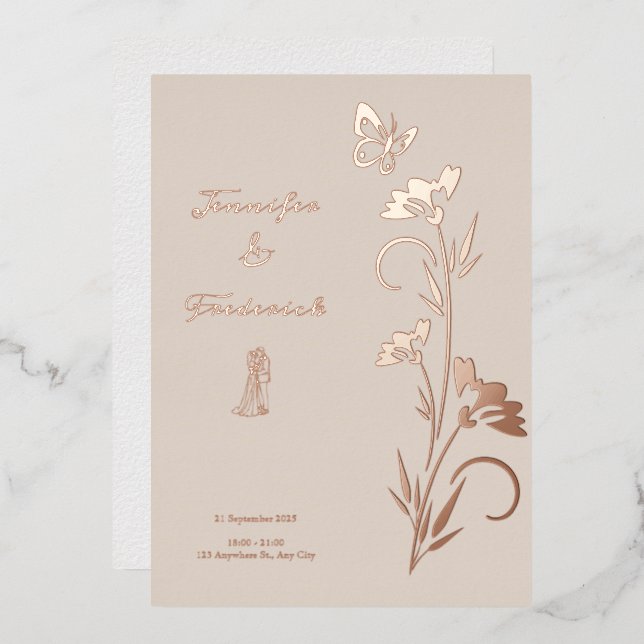 Rose Gold Foil Floral Wedding Folieneinladung (Vorderseite/Rückseite)