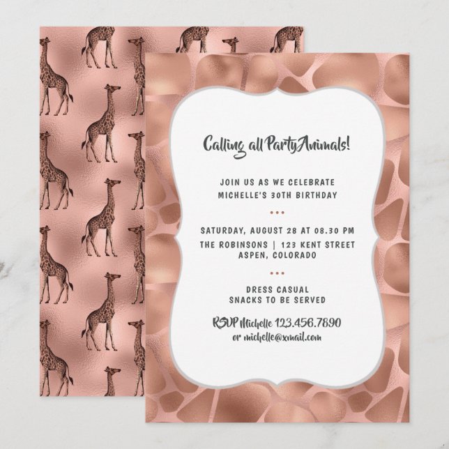 Rose Gold Foil Giraffe jedes Alter Geburtstag Einladung (Vorne/Hinten)