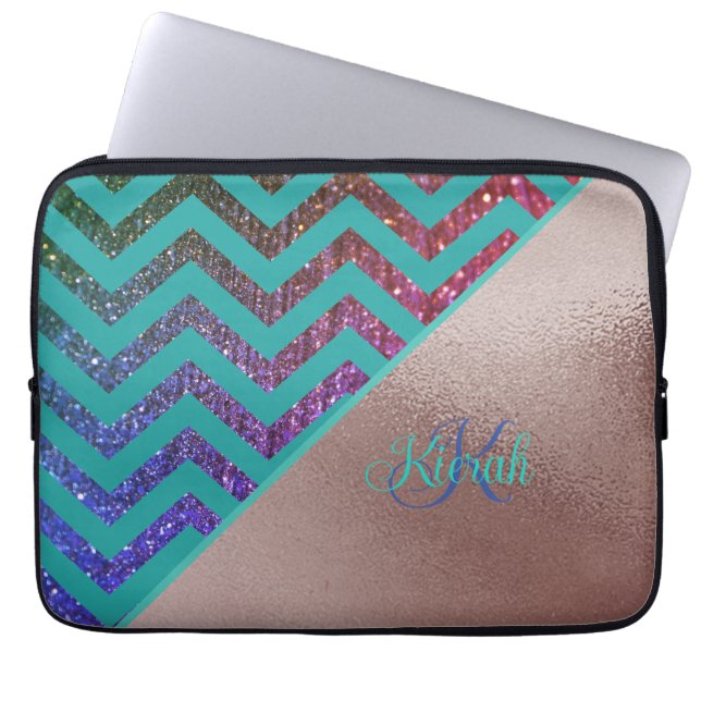 Rose Gold Foil Glitterie Zickzack Aquamarine Grüne Laptopschutzhülle (Vorderseite)