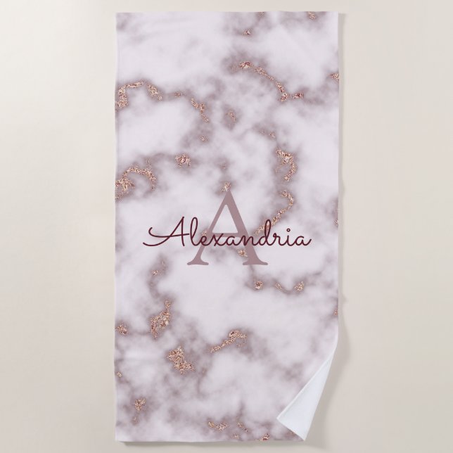 Rose Gold Foil Glitzer in rosa Marmormonogramm Strandtuch (Vorderseite)