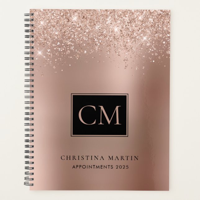 Rose Gold Foil Glitzer Monogram Haar und Makeup Planer (Vorderseite)