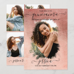 Rose Gold Foil Halo Foto Collage Quinceañera Einladung