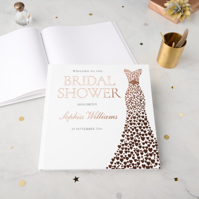 Rose Gold Foil Heart Dress Brautparty Gästebuch (Vorderseite Offen)