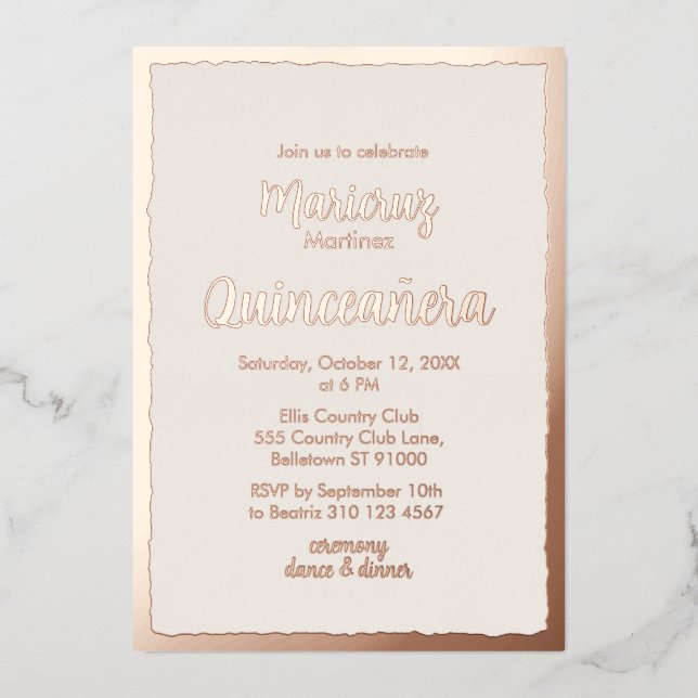 Rose Gold Foil Ivory Quinceañera Photo Invitation (Recto)