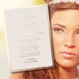 Rose Gold Foil Ivory Quinceañera Photo Invitation