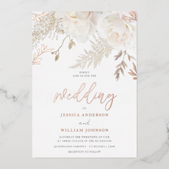 Rose Gold Foil Ivory White Floral Wedding Folieneinladung (Vorderseite)