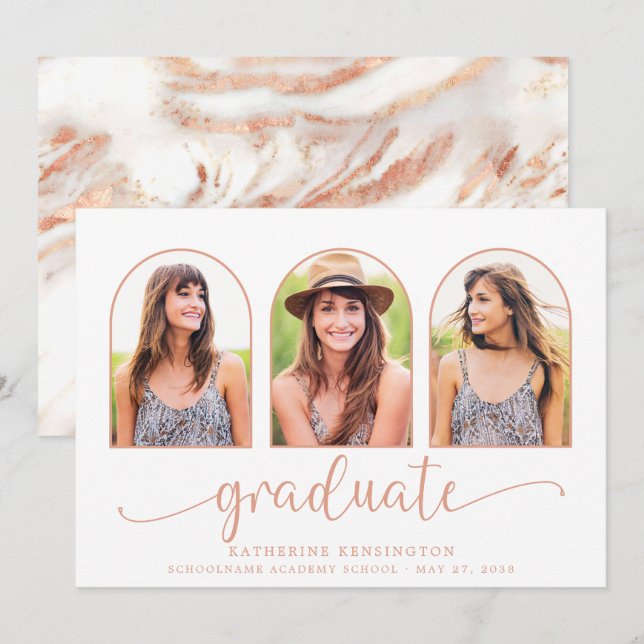Rose Gold Foil Marble Arch 3 Foto Abschluss Einladung (Vorne/Hinten)