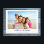 Rose Gold Foil - Navy Blue Christmas Feiertagspostkarte<br><div class="desc">Rustikales Blue Wood Coastal Beach Foto Weihnachtskarte. Das Bild und der Familienname können auf dieser einfachen Strand- oder Küstenurlaub Weihnachtsfamilienfotokarte ersetzt werden.</div>