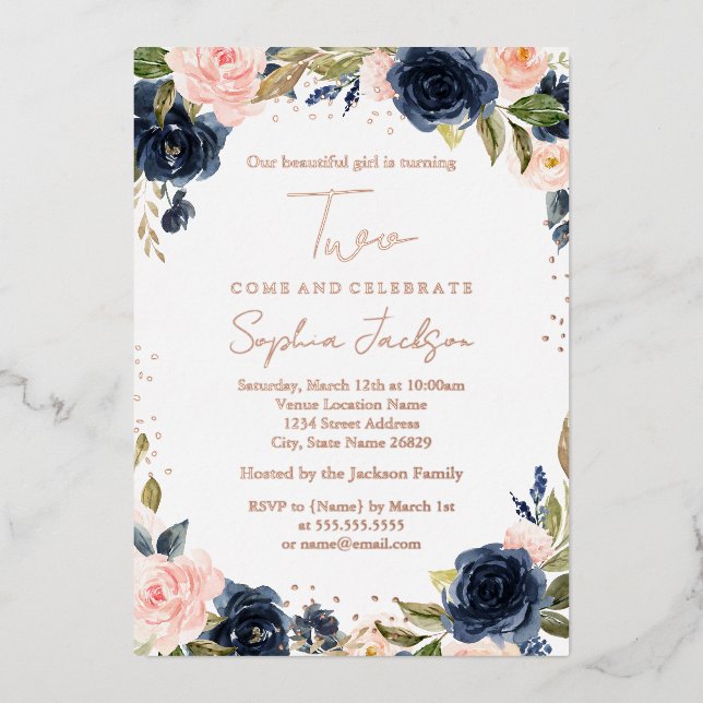 ROSE GOLD FOIL Navy Blush 2. Girl Birthday Foil Folieneinladung (Vorderseite)