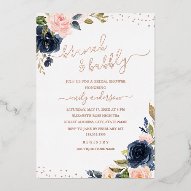 ROSE GOLD FOIL Navy Blush Bloral Brunch Bubbly Folieneinladung (Vorderseite)