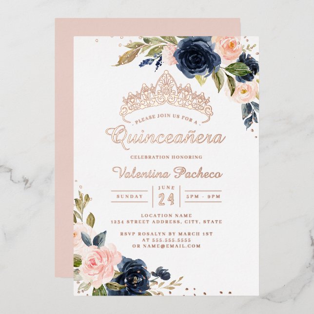 ROSE GOLD FOIL Navy Blush Quinceanera Folieneinladung (Vorderseite/Rückseite)