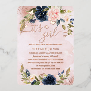 ROSE GOLD FOIL Navy Pink Floral Baby Dusche Folieneinladung