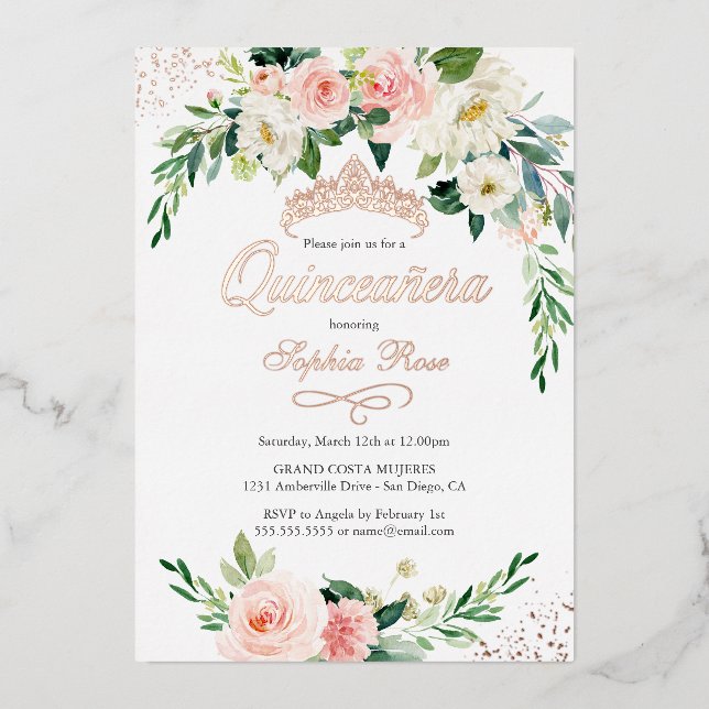 ROSE GOLD FOIL Pink Floral Quinceanera Folieneinladung (Vorderseite)
