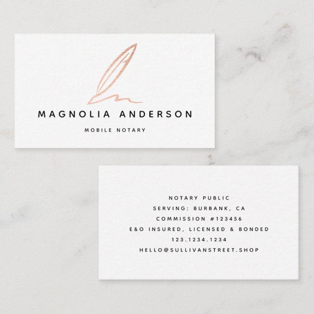 Rose Gold Foil Quill Business Card Telefonnummerkarte (Vorne/Hinten)