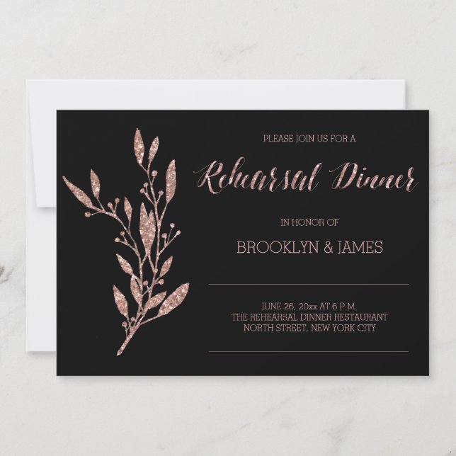 Rose Gold Foil Rehearsal Invites Floral Black Einladung (Vorderseite)