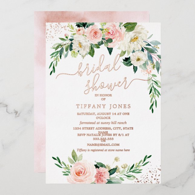 ROSE GOLD FOIL Rosa Brautparty Folieneinladung (Vorderseite/Rückseite)