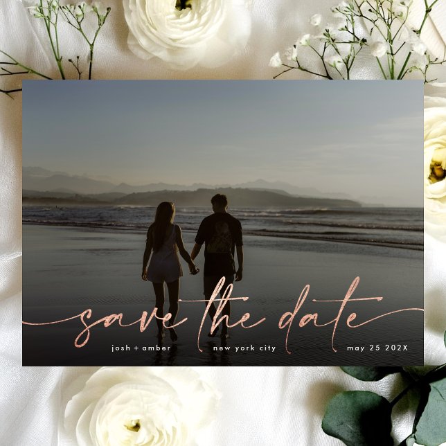 Rose Gold Foil Schwarz Modernes Foto beleuchten Save The Date (Von Creator hochgeladen)
