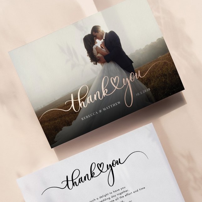 Rose Gold Foil Script Hochzeit Foto Danke Karte (Wedding Thank You Couples Photos Rose Gold Foil Card)