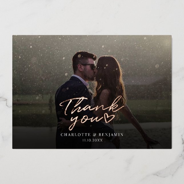 Rose Gold Foil Script Mariage photo Carte de remer (Recto)