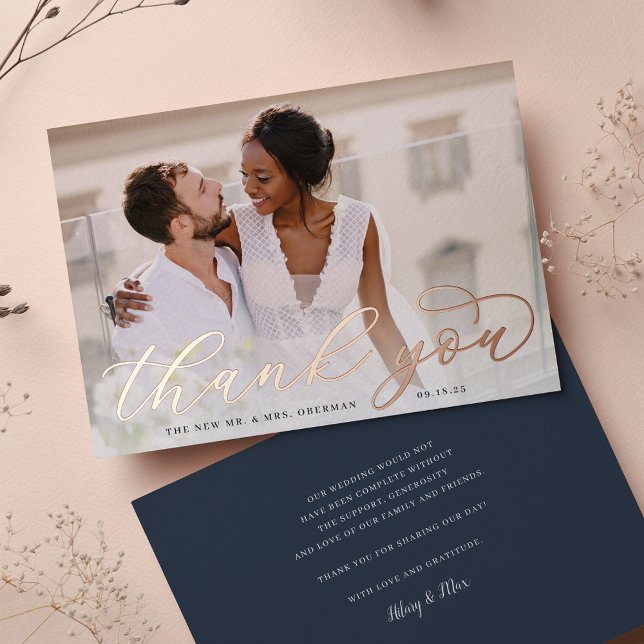 Rose Gold Foil Script Mariage photo Carte de remer (Créateur téléchargé)
