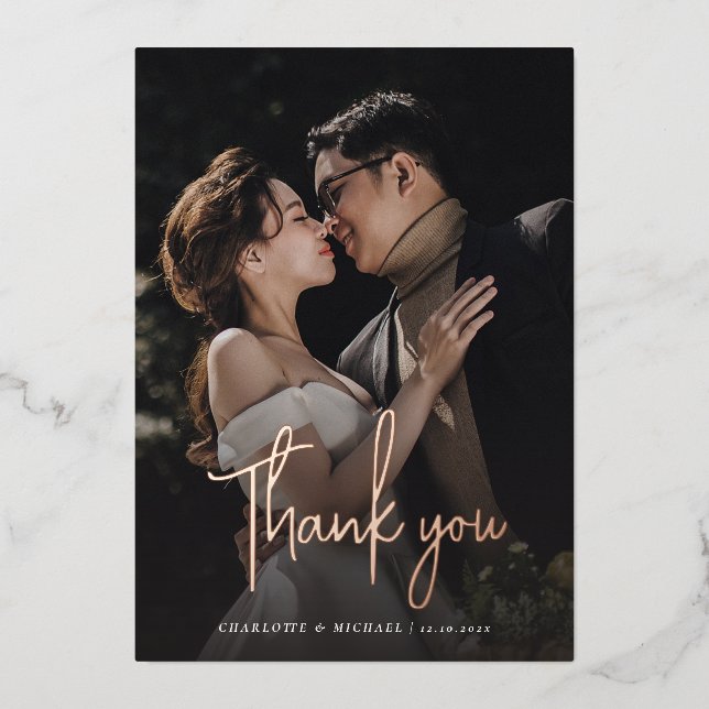 Rose Gold Foil Script Mariage photo Carte de remer (Recto)