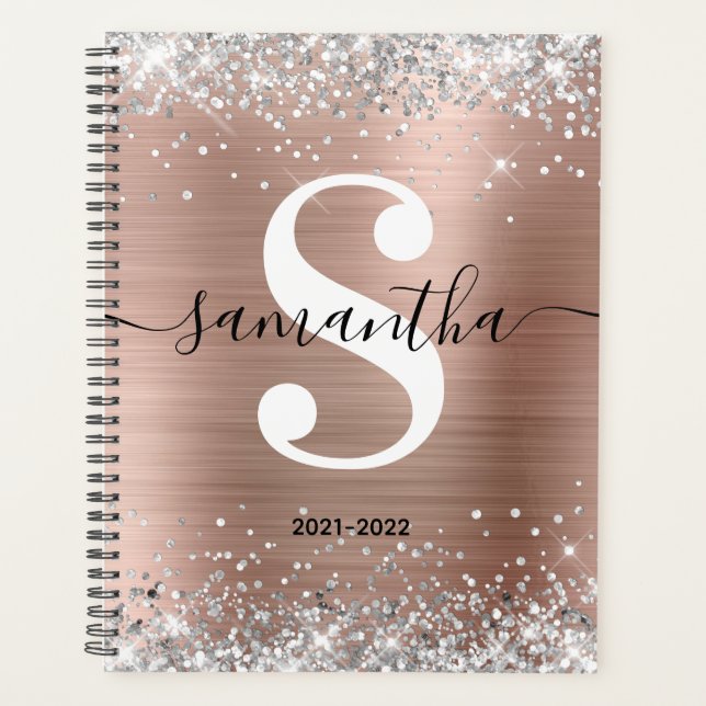 Rose Gold Foil Silver Glitzer Style Monogram Planer (Vorderseite)