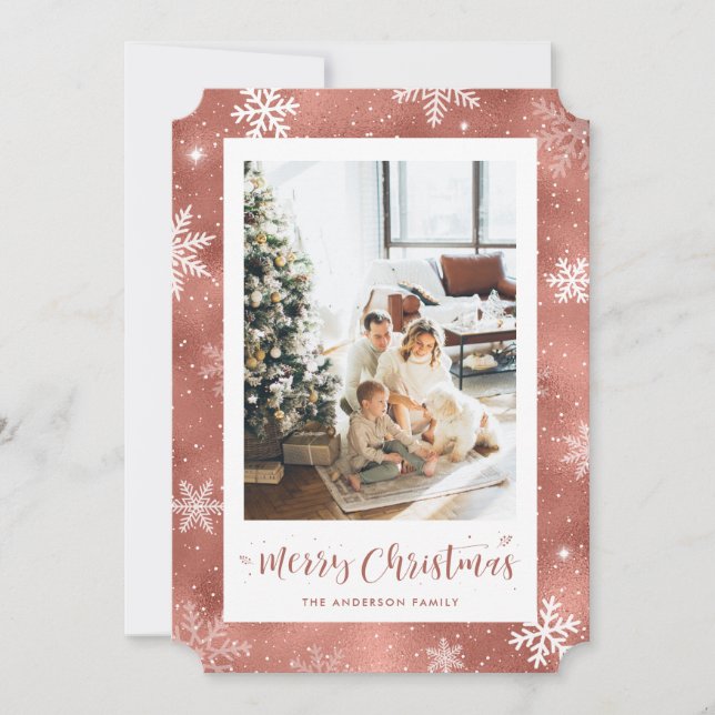 Rose Gold Foil Snowflake Foto Frohe Weihnachten (Vorderseite)