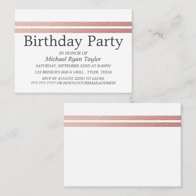 Rose Gold Foil Streifen Geburtstagsparty Ticket (Vorne/Hinten)