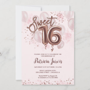 Rose Gold Foil Sweet 16 Bday Balloons Party Rose Einladung