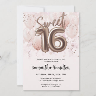 Rose Gold Foil Sweet 16 Tagesballons Party Rosa Einladung